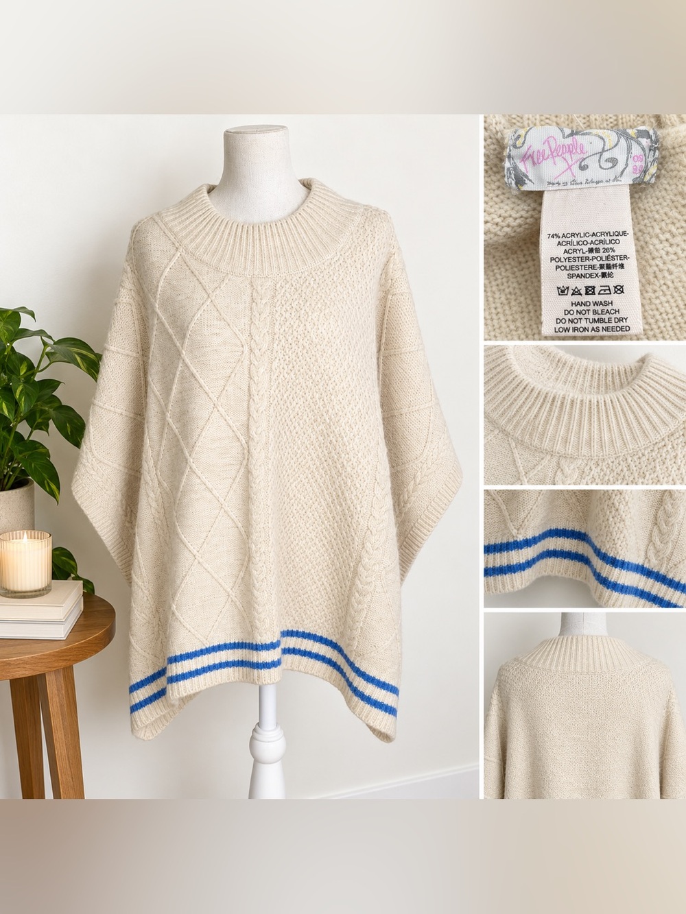 Free People Harbour Stripe Cable Knit Poncho Sweater Ivory One Size